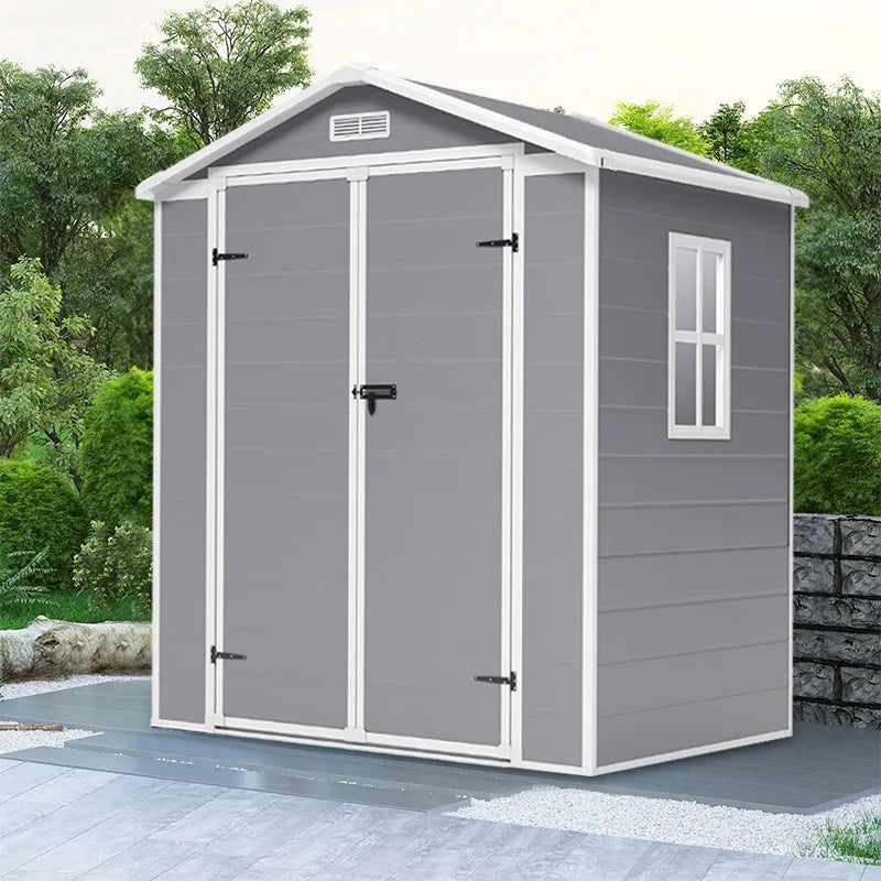 【】6X4 FT Plastic Outdoor Storage Shed, Resin Sheds Perfect to Store Patio Furniture, Storage Shed