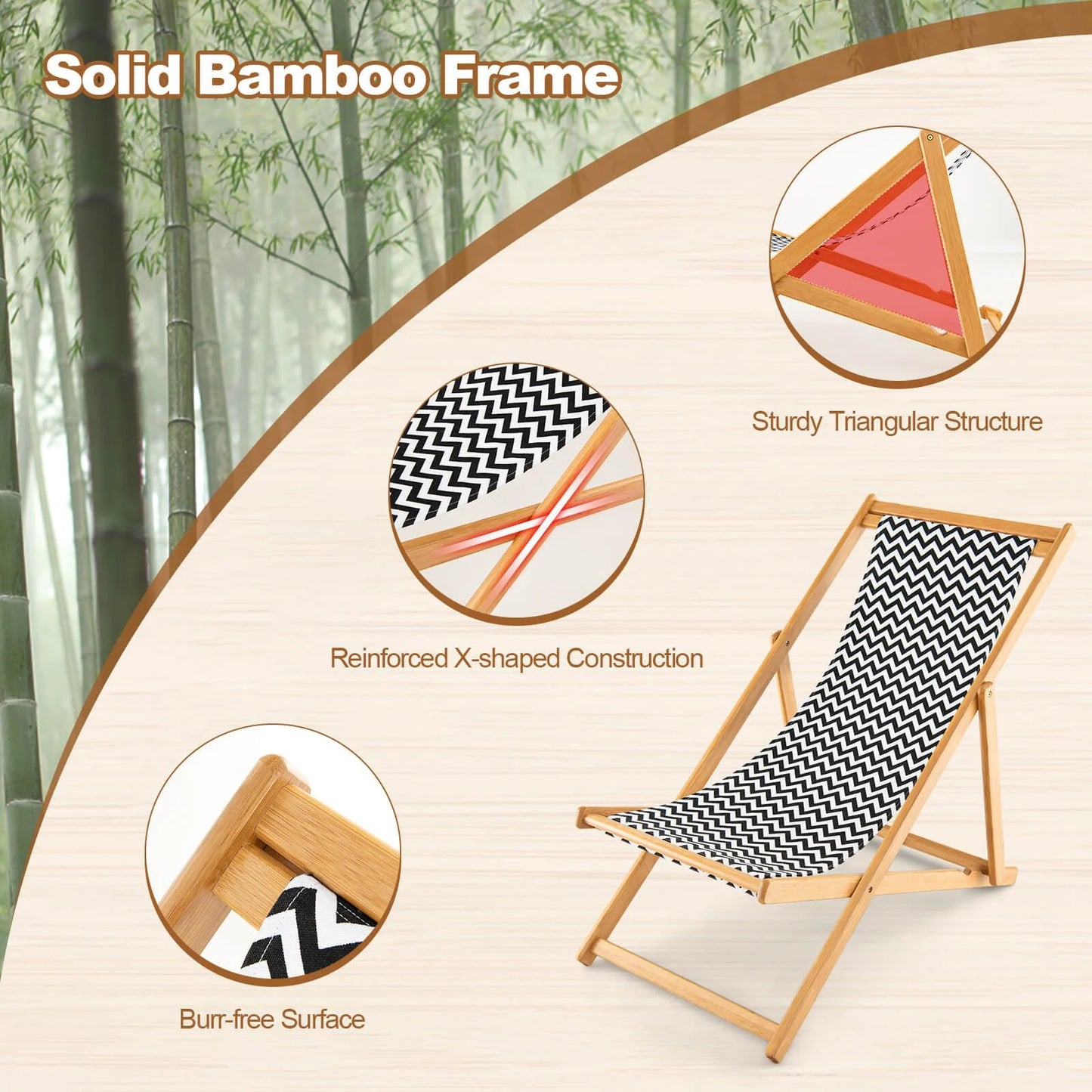 Folding Bamboo Sling Chair Reclining Chair with Adjustable Backrest