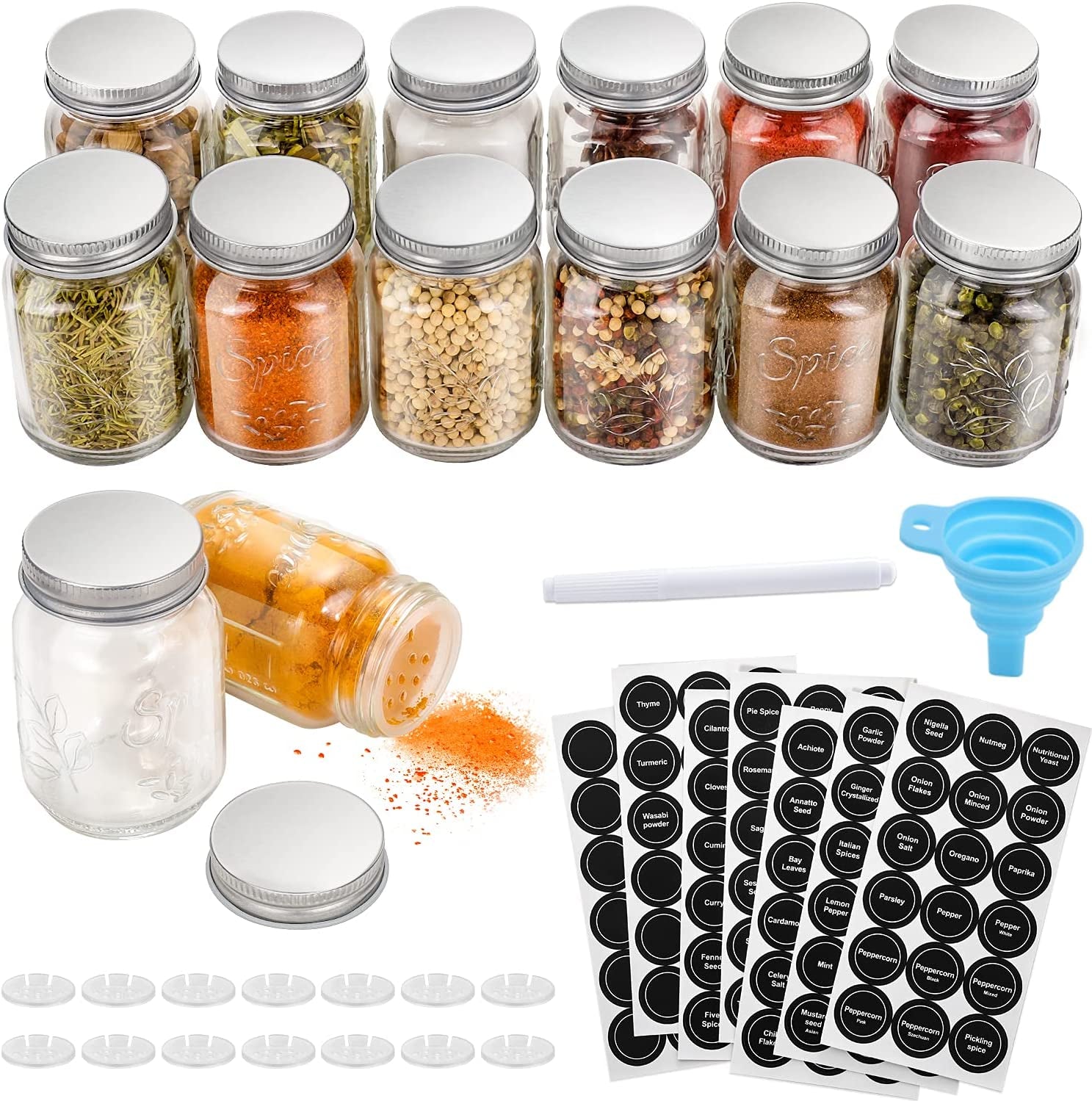 14-Piece Glass Mason Spice Jar Set with Labels - 4 oz Empty Spice Bottles with Shaker Lids and Airtight Metal Caps - Includes Chalk Marker and Collapsible Funnel for Herbs, Spices, Jams, and Crafts