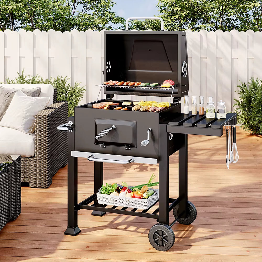 【】Charcoal Grill, Adjustable Charcoal Tray, Pull-Out Ash Tray, Heavy Duty Barbecue Grill with Wheels