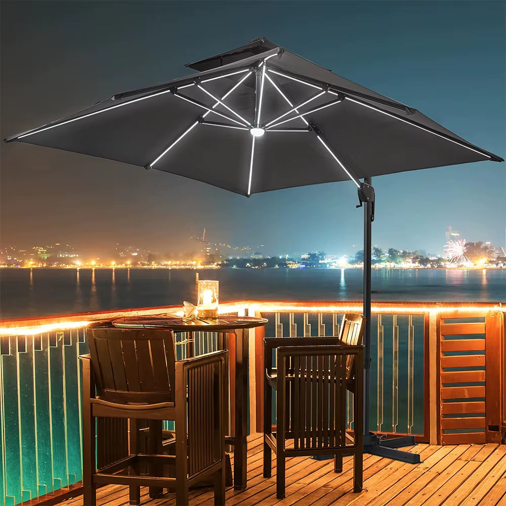 【】3M Dark Grey Garden LED Light Parasol Outdoor Umbrella with Cross Base