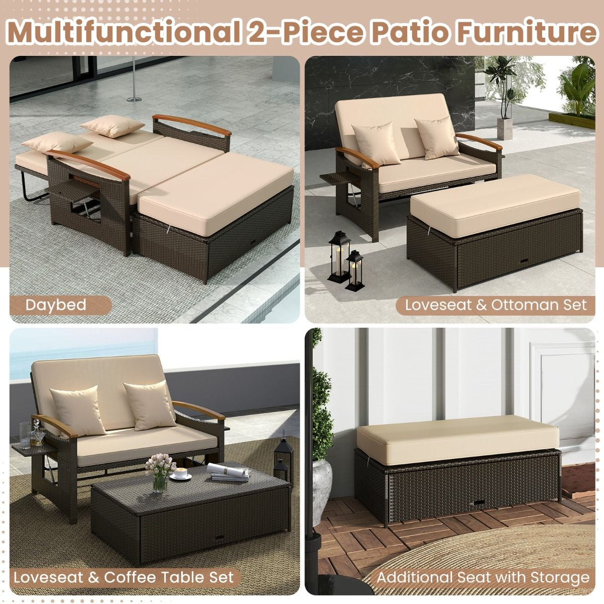 Outdoor Wicker Daybed PE Rattan Loveseat with Folding Panels and Storage Ottoman