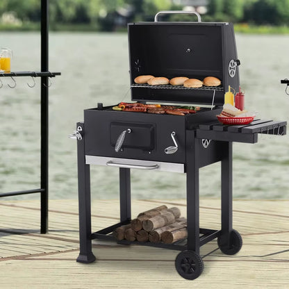 【】Charcoal Grill, Adjustable Charcoal Tray, Pull-Out Ash Tray, Heavy Duty Barbecue Grill with Wheels