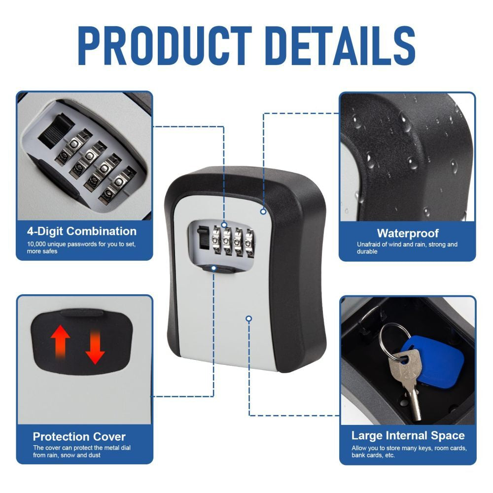 Wall Mounted Key Safe - 4 Digits Combination Key Safe Outdoor Key Lock Box UK
