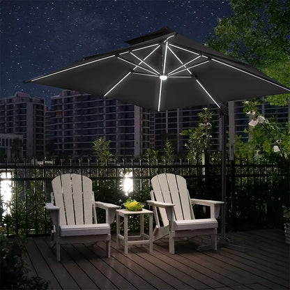 【】3M Dark Grey Garden LED Light Parasol Outdoor Umbrella with Cross Base