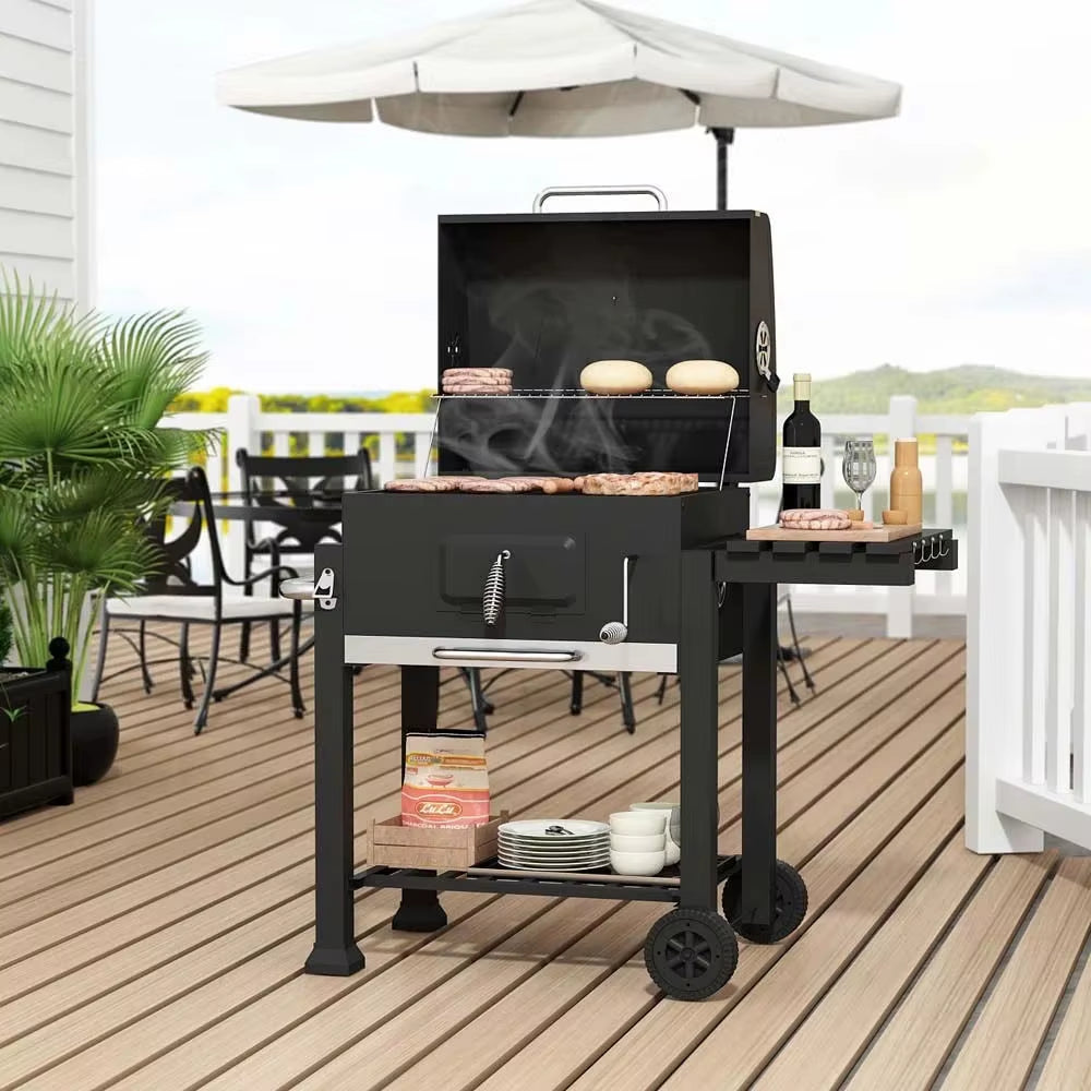 【】Charcoal Grill, Adjustable Charcoal Tray, Pull-Out Ash Tray, Heavy Duty Barbecue Grill with Wheels