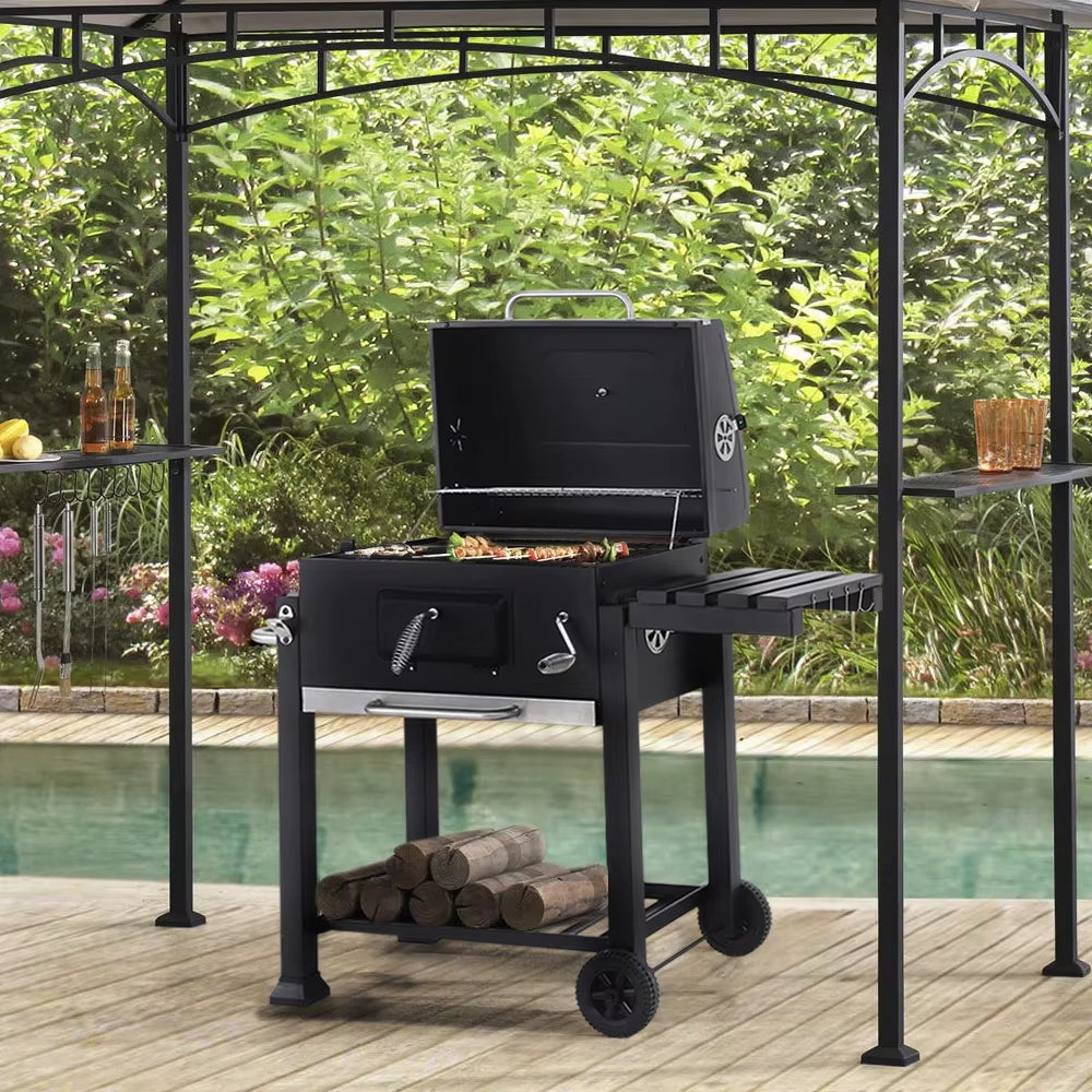 【】Charcoal Grill, Adjustable Charcoal Tray, Pull-Out Ash Tray, Heavy Duty Barbecue Grill with Wheels