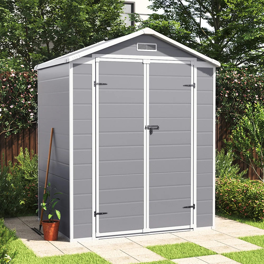 【】6X4 FT Plastic Outdoor Storage Shed, Resin Sheds Perfect to Store Patio Furniture, Storage Shed