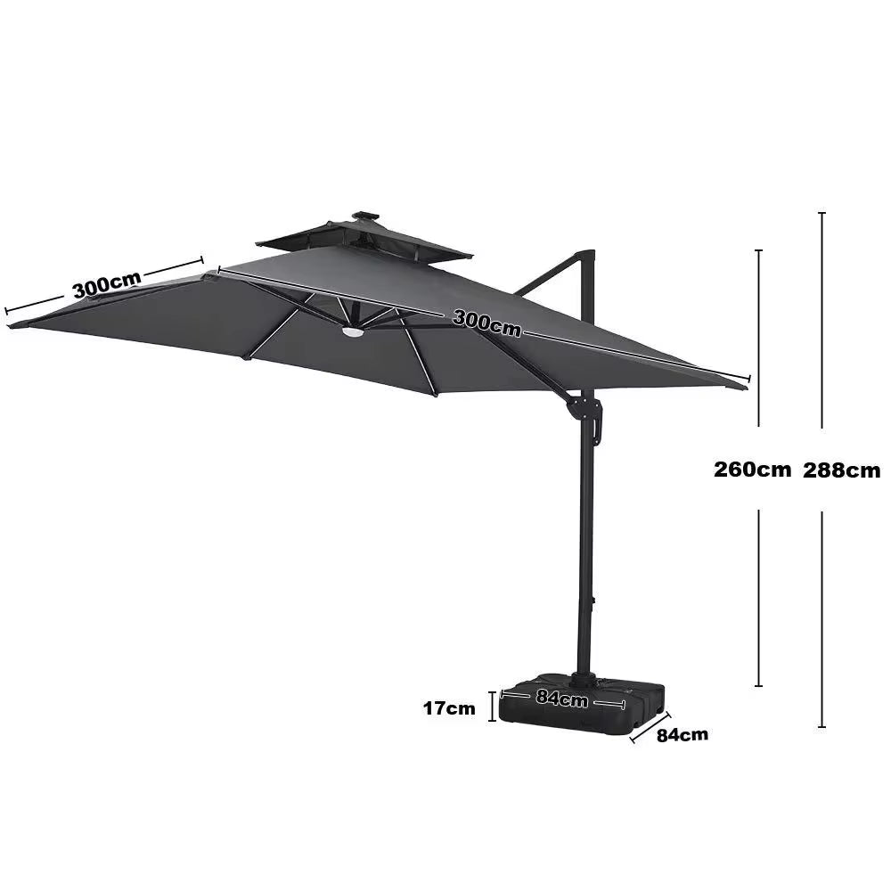 【】3M Dark Grey Garden LED Light Parasol Outdoor Umbrella with Cross Base