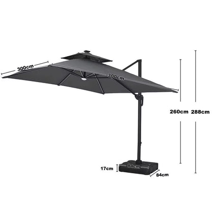 【】3M Dark Grey Garden LED Light Parasol Outdoor Umbrella with Cross Base
