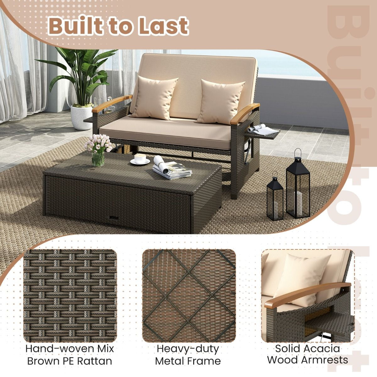 Outdoor Wicker Daybed PE Rattan Loveseat with Folding Panels and Storage Ottoman