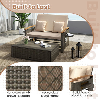 Outdoor Wicker Daybed PE Rattan Loveseat with Folding Panels and Storage Ottoman