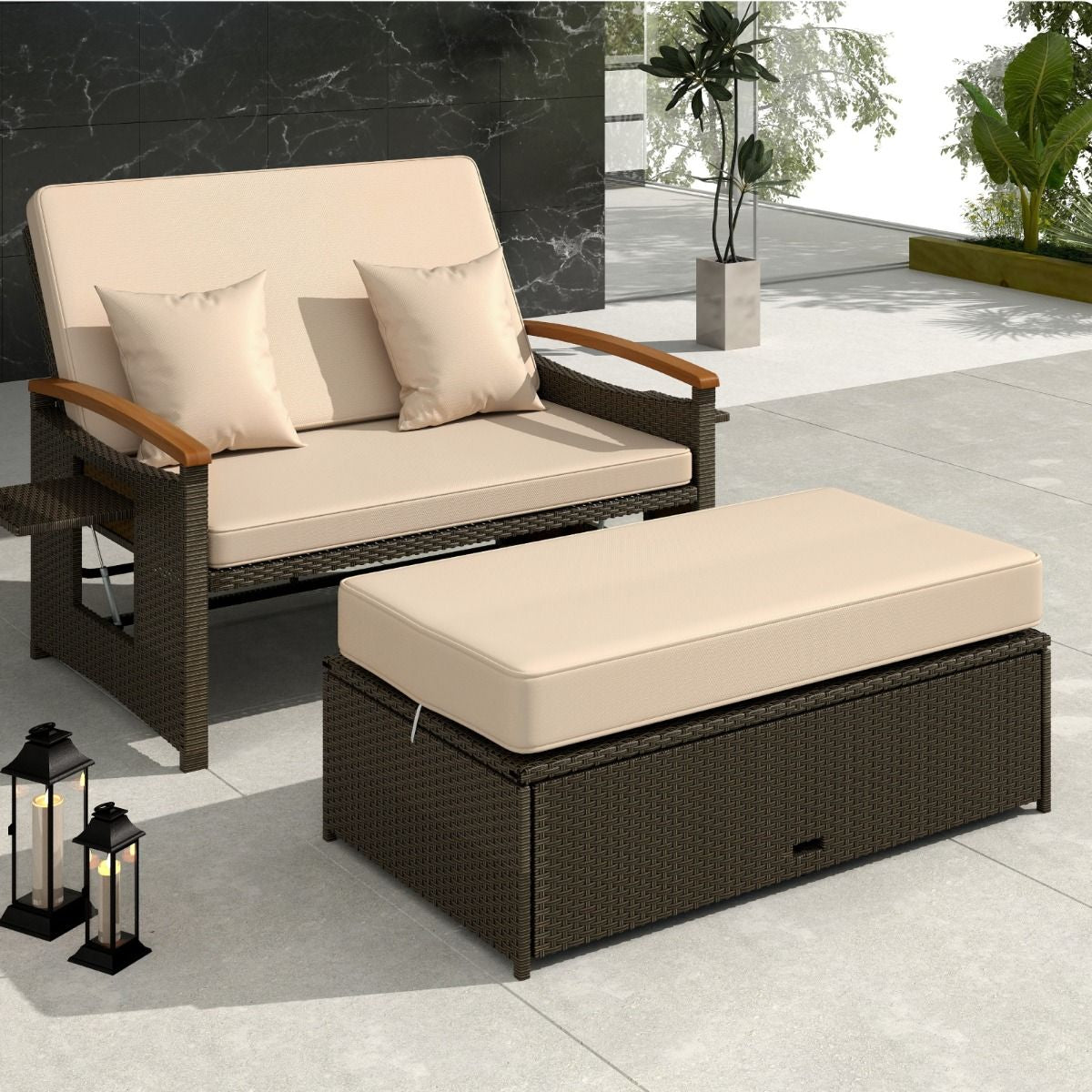 Outdoor Wicker Daybed PE Rattan Loveseat with Folding Panels and Storage Ottoman