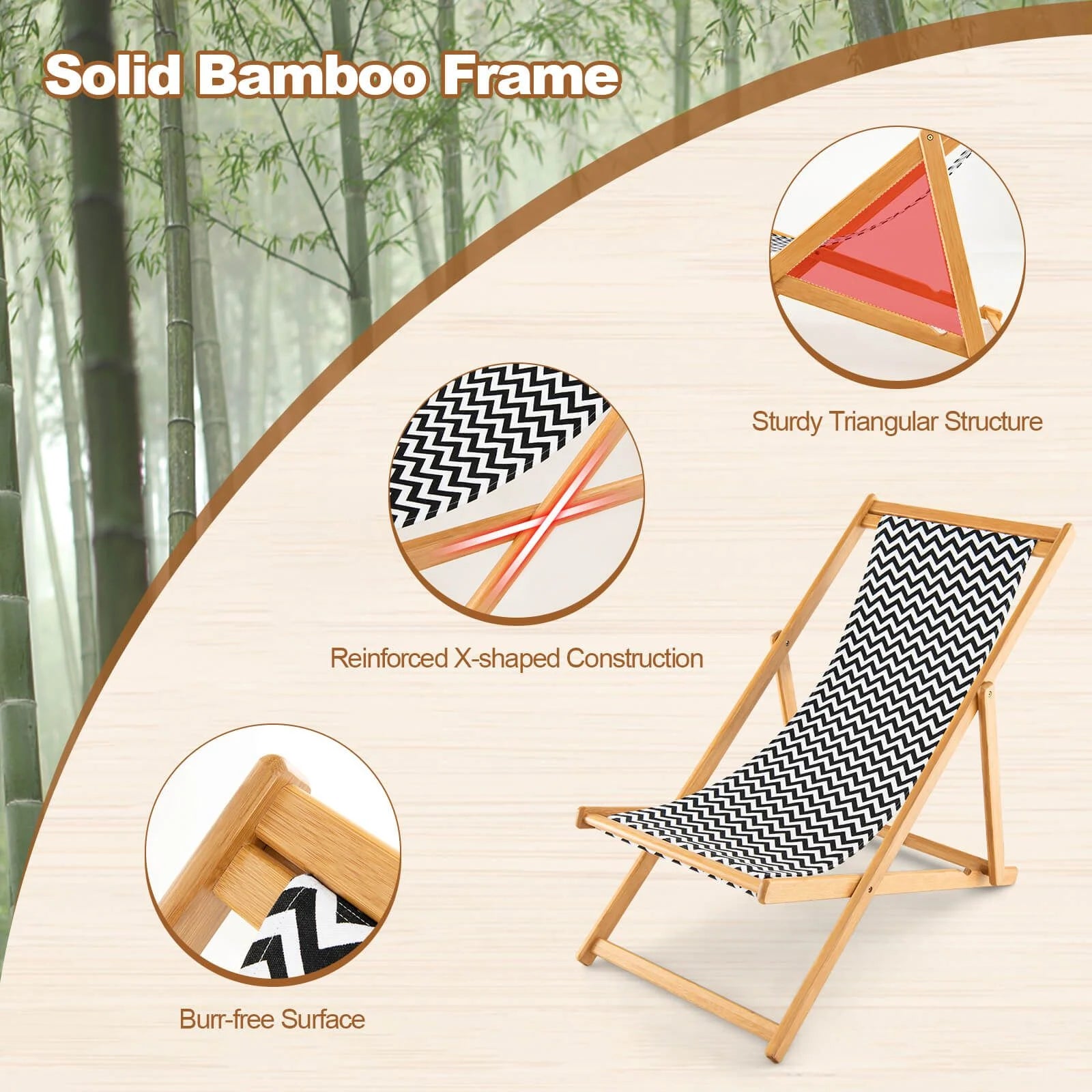 Folding Bamboo Sling Chair Reclining Chair with Adjustable Backrest