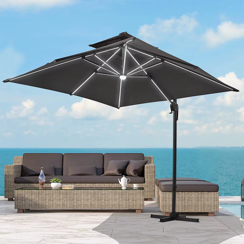 【】3M Dark Grey Garden LED Light Parasol Outdoor Umbrella with Cross Base
