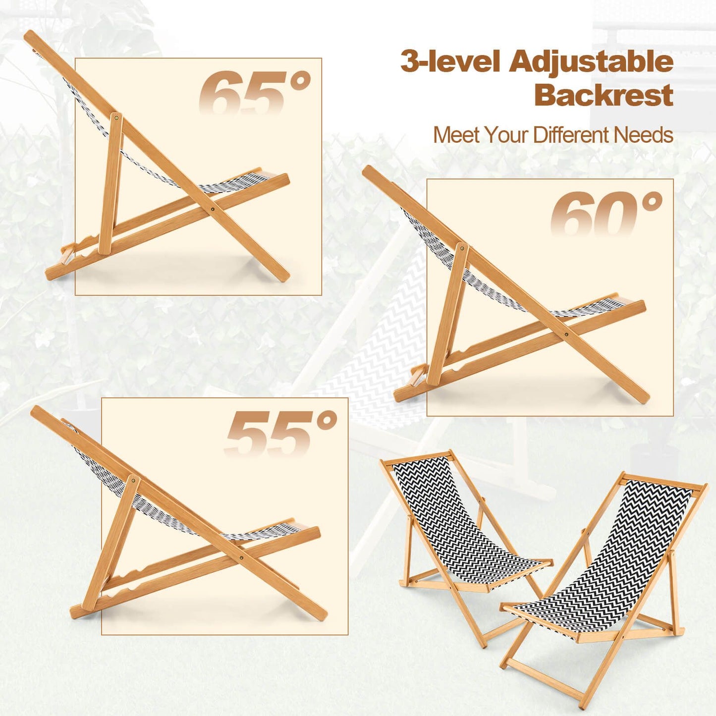 Folding Bamboo Sling Chair Reclining Chair with Adjustable Backrest