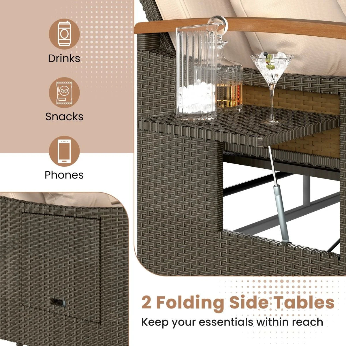 Outdoor Wicker Daybed PE Rattan Loveseat with Folding Panels and Storage Ottoman