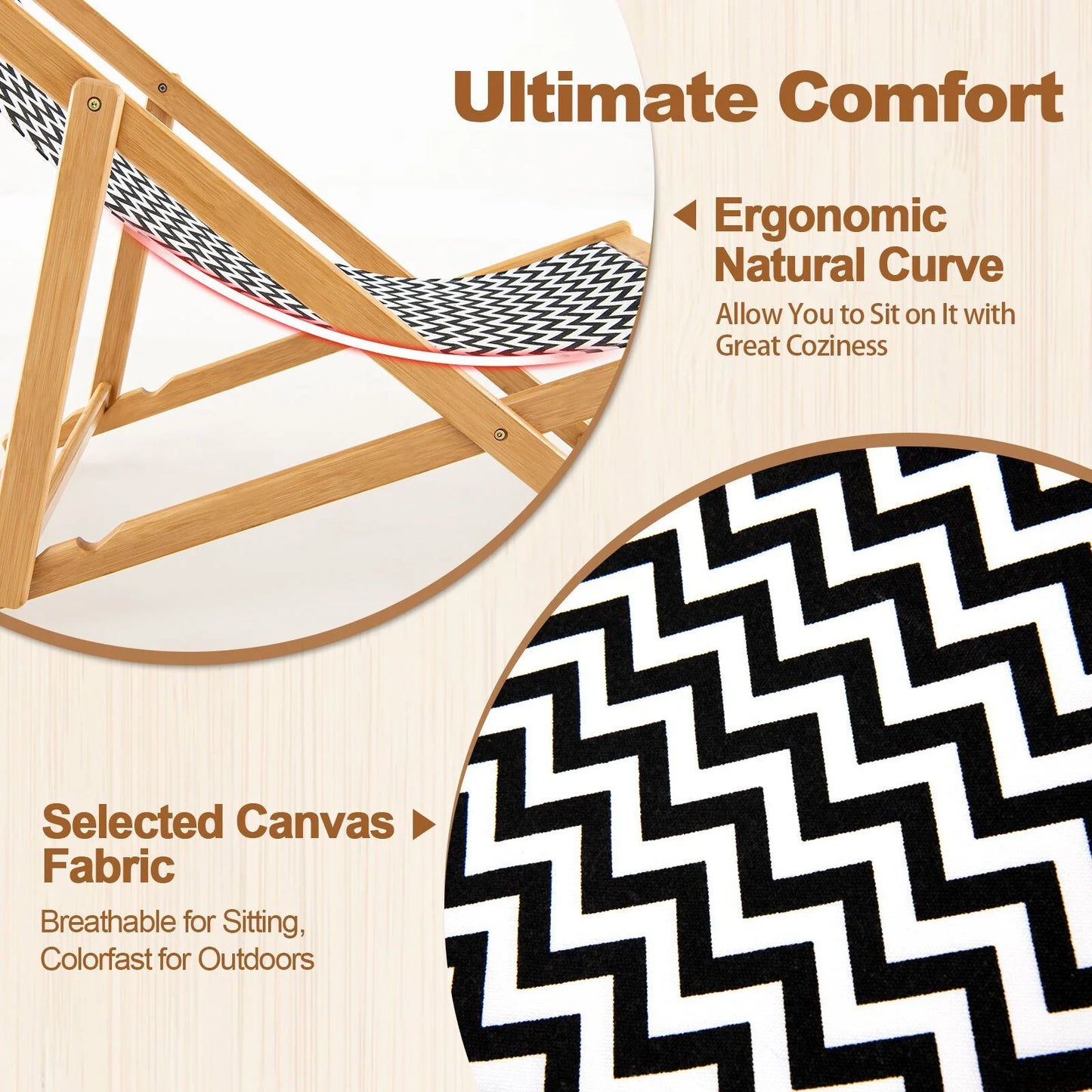 Folding Bamboo Sling Chair Reclining Chair with Adjustable Backrest