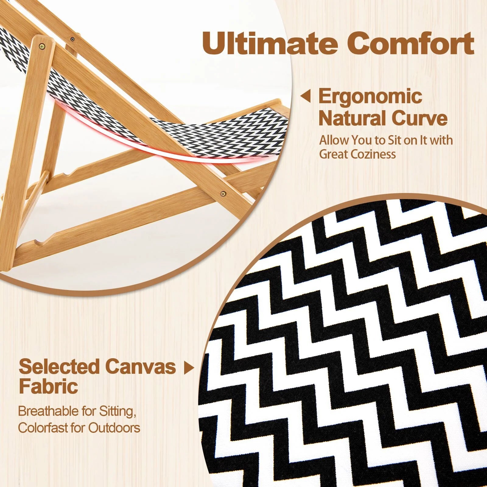 Folding Bamboo Sling Chair Reclining Chair with Adjustable Backrest