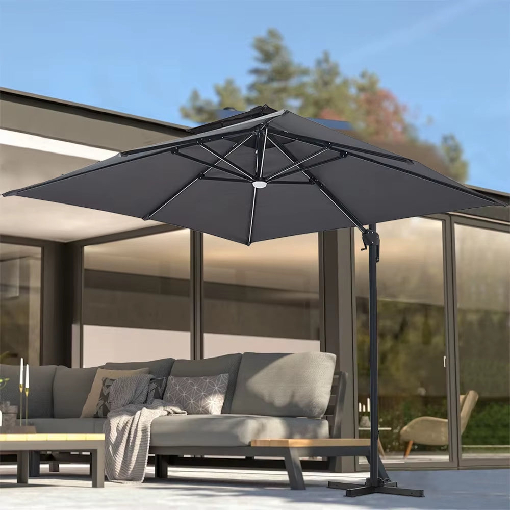 【】3M Dark Grey Garden LED Light Parasol Outdoor Umbrella with Cross Base