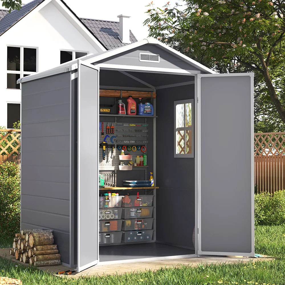 【】6X4 FT Plastic Outdoor Storage Shed, Resin Sheds Perfect to Store Patio Furniture, Storage Shed