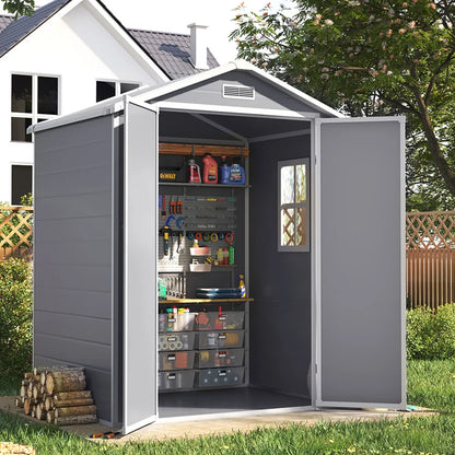 【】6X4 FT Plastic Outdoor Storage Shed, Resin Sheds Perfect to Store Patio Furniture, Storage Shed