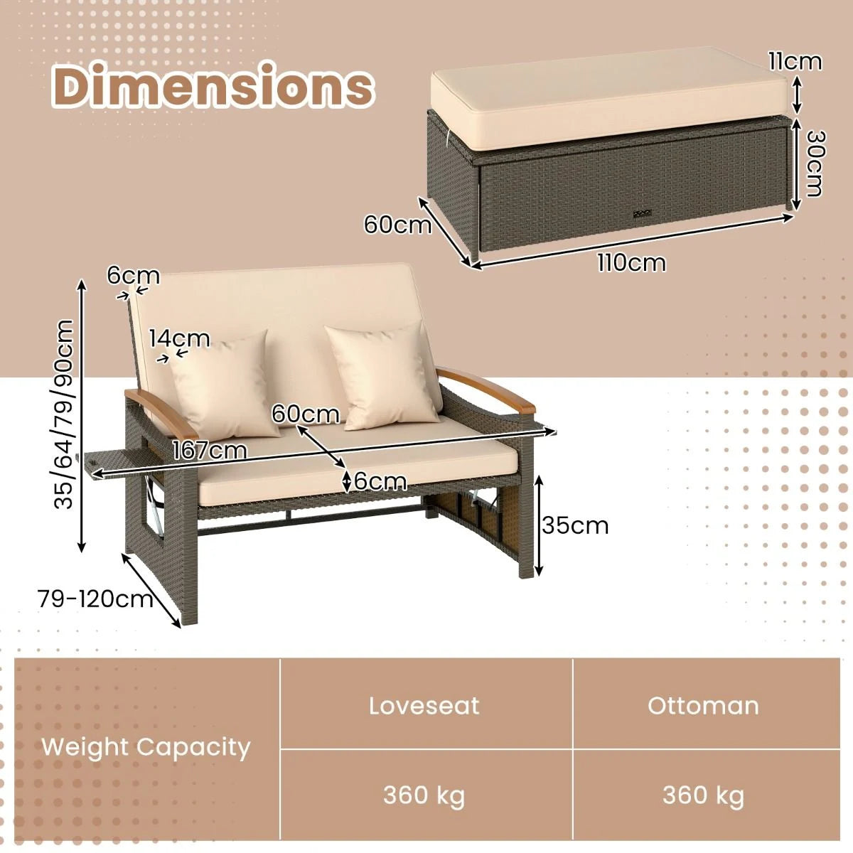 Outdoor Wicker Daybed PE Rattan Loveseat with Folding Panels and Storage Ottoman