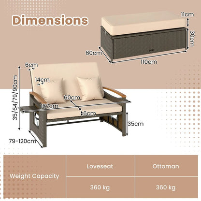 Outdoor Wicker Daybed PE Rattan Loveseat with Folding Panels and Storage Ottoman