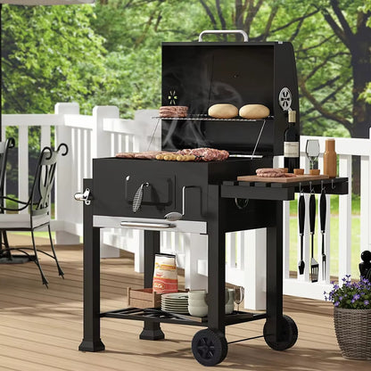 【】Charcoal Grill, Adjustable Charcoal Tray, Pull-Out Ash Tray, Heavy Duty Barbecue Grill with Wheels
