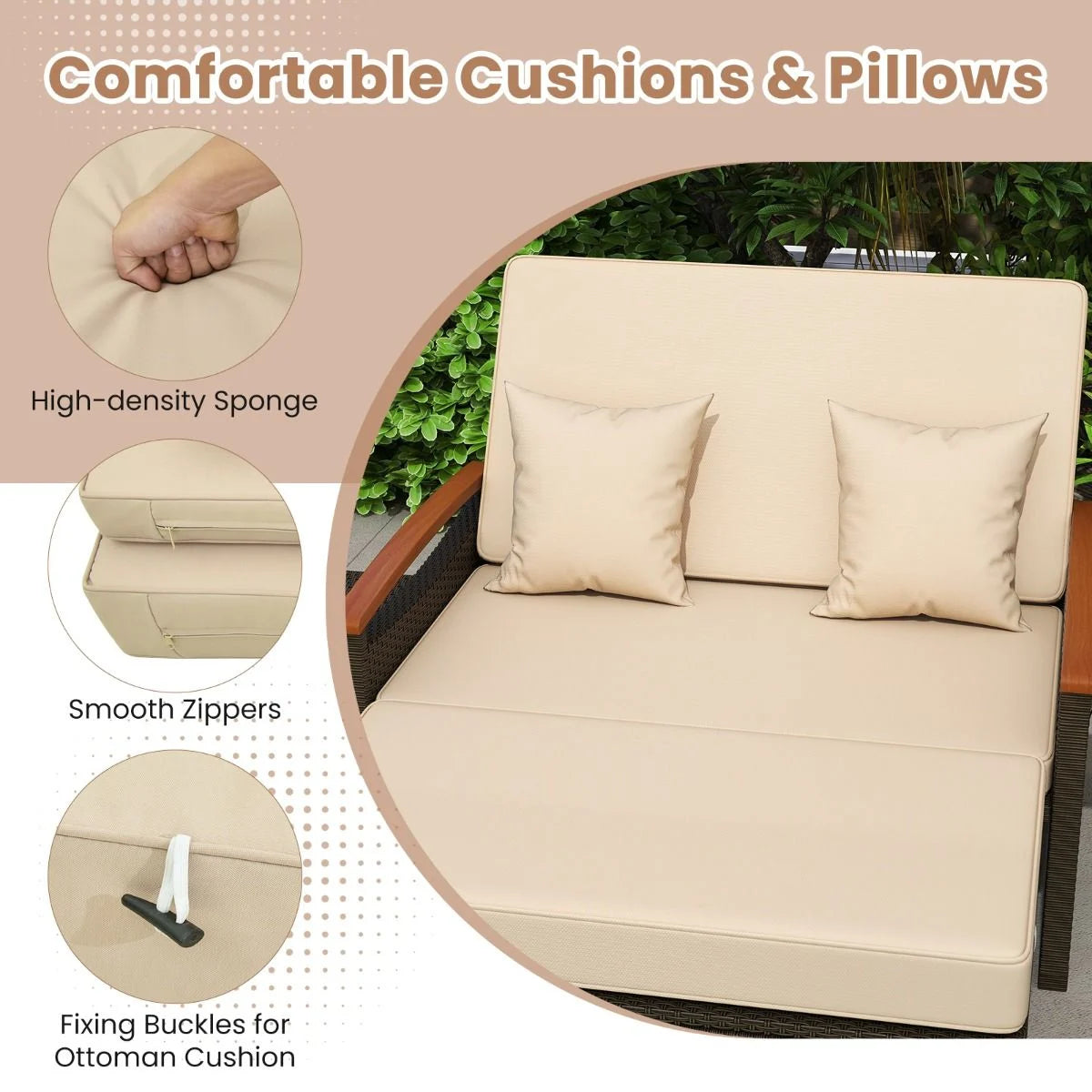 Outdoor Wicker Daybed PE Rattan Loveseat with Folding Panels and Storage Ottoman