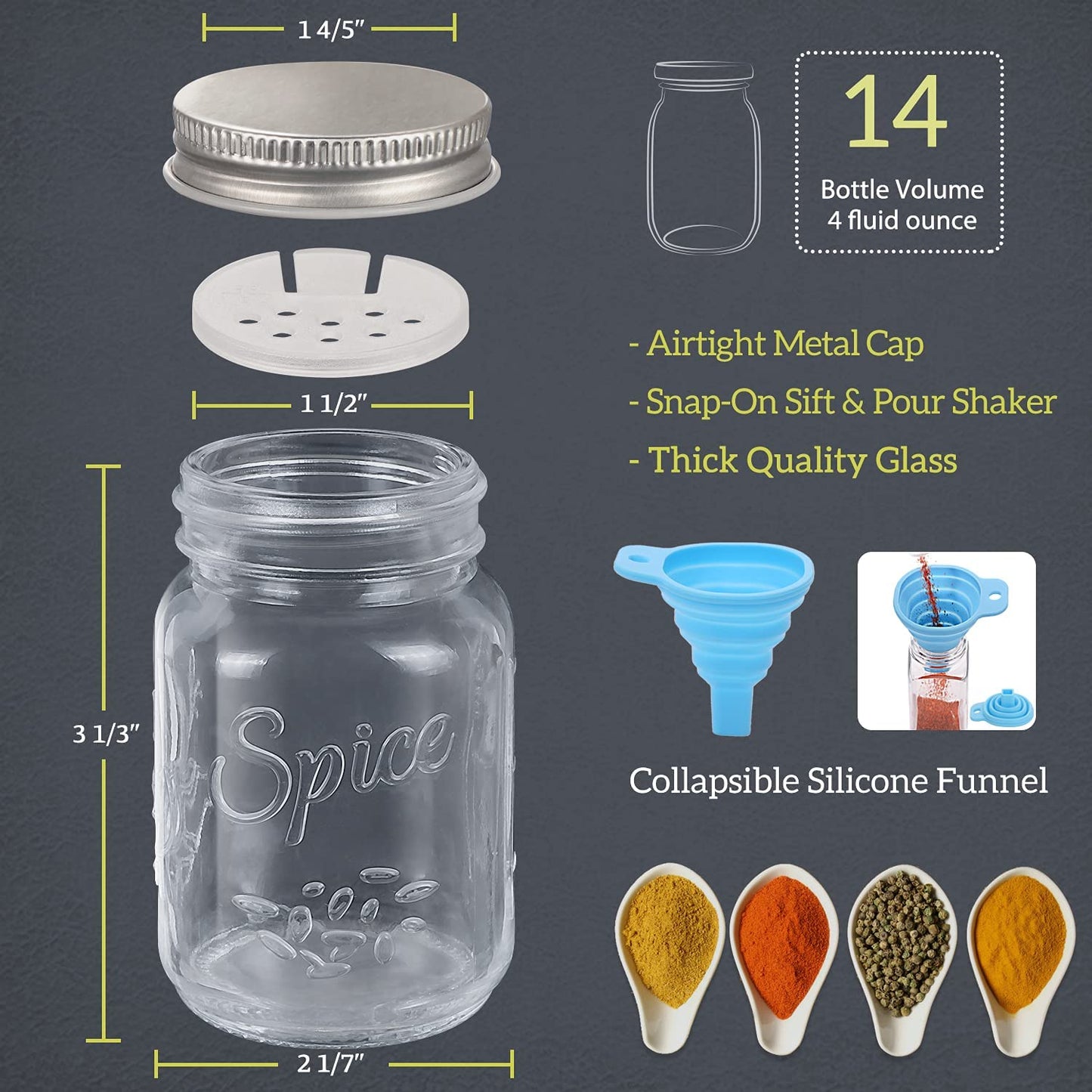 14-Piece Glass Mason Spice Jar Set with Labels - 4 oz Empty Spice Bottles with Shaker Lids and Airtight Metal Caps - Includes Chalk Marker and Collapsible Funnel for Herbs, Spices, Jams, and Crafts