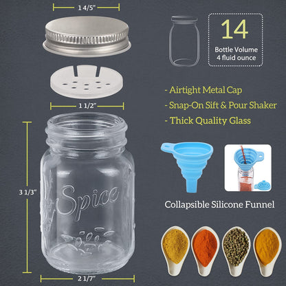 14-Piece Glass Mason Spice Jar Set with Labels - 4 oz Empty Spice Bottles with Shaker Lids and Airtight Metal Caps - Includes Chalk Marker and Collapsible Funnel for Herbs, Spices, Jams, and Crafts