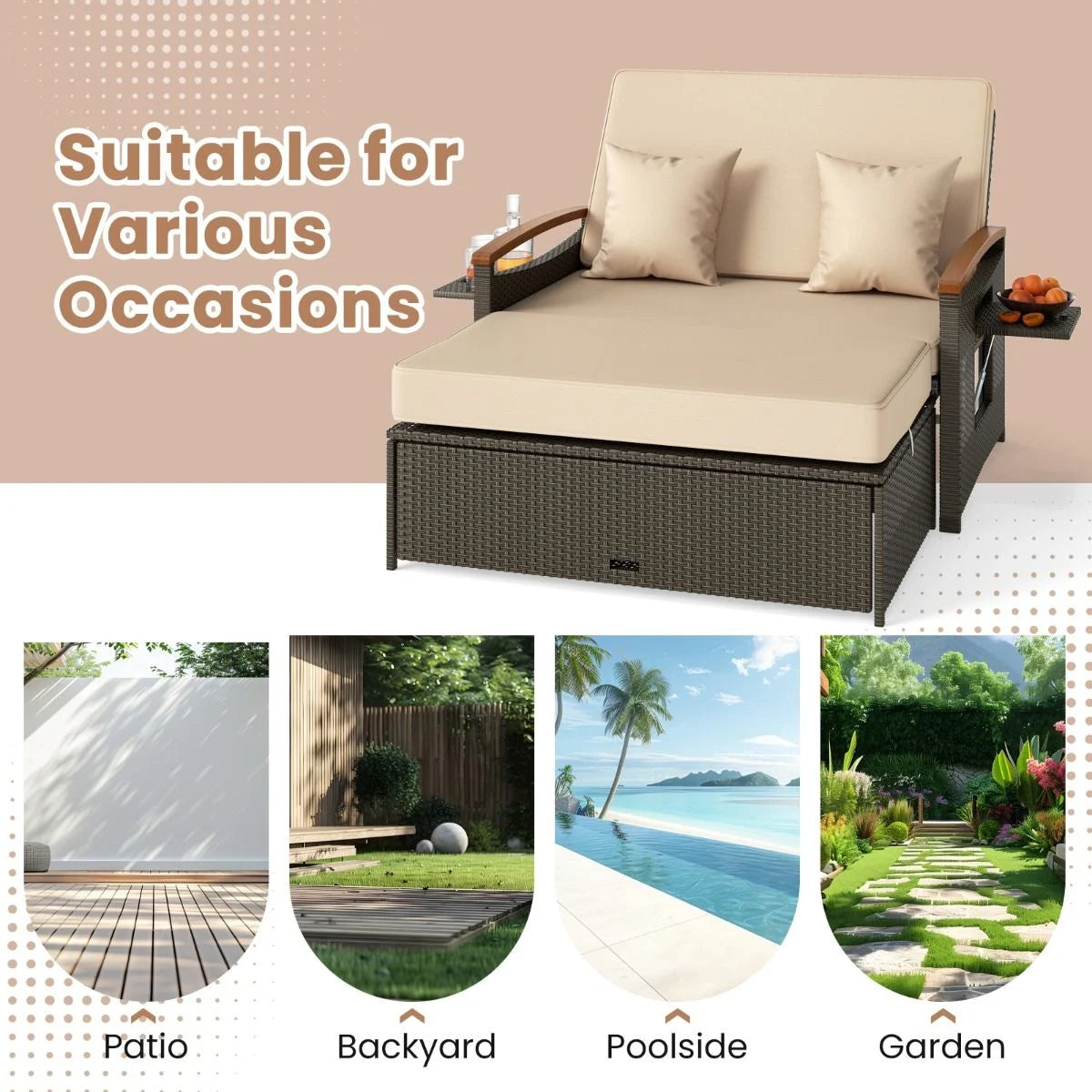 Outdoor Wicker Daybed PE Rattan Loveseat with Folding Panels and Storage Ottoman