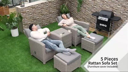 5 Pcs Outdoor Garden Rattan Sofa Lounge Footstool Cooler Bar Coffee Table Set