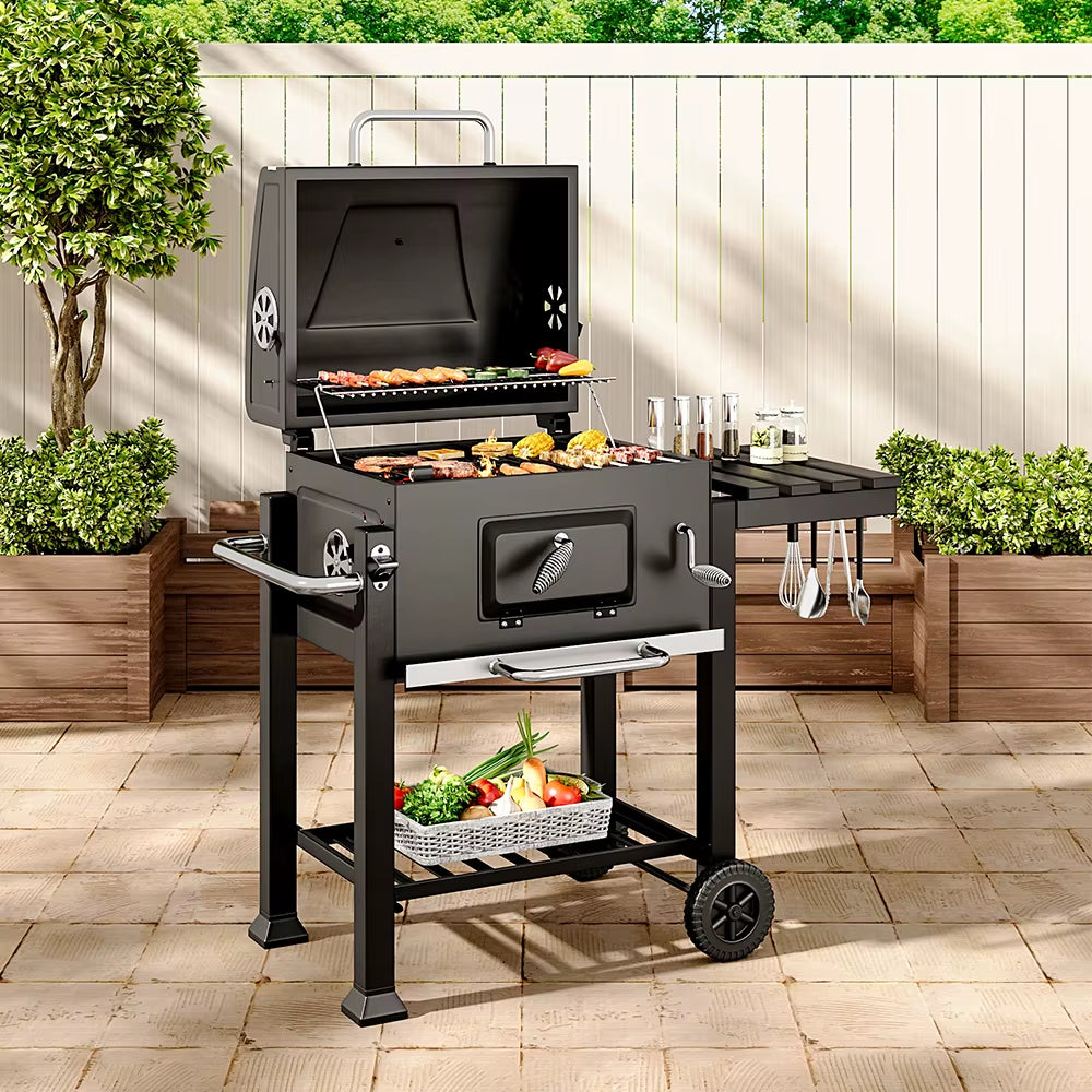 【】Charcoal Grill, Adjustable Charcoal Tray, Pull-Out Ash Tray, Heavy Duty Barbecue Grill with Wheels
