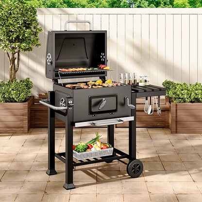 【】Charcoal Grill, Adjustable Charcoal Tray, Pull-Out Ash Tray, Heavy Duty Barbecue Grill with Wheels